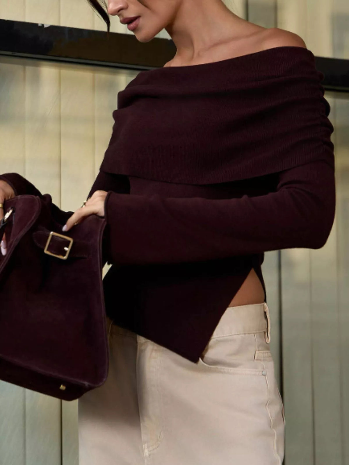 Asymmetrical Hem Off-Shoulder Long Sleeve Knit Top