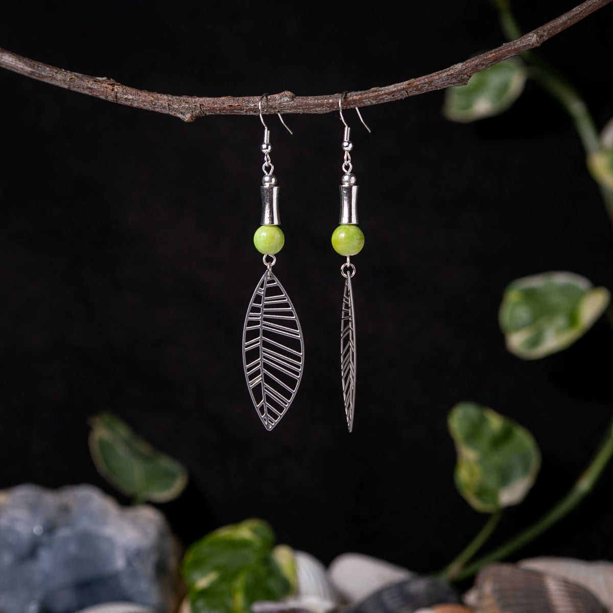 Chartreuse Silver Leaf Earrings