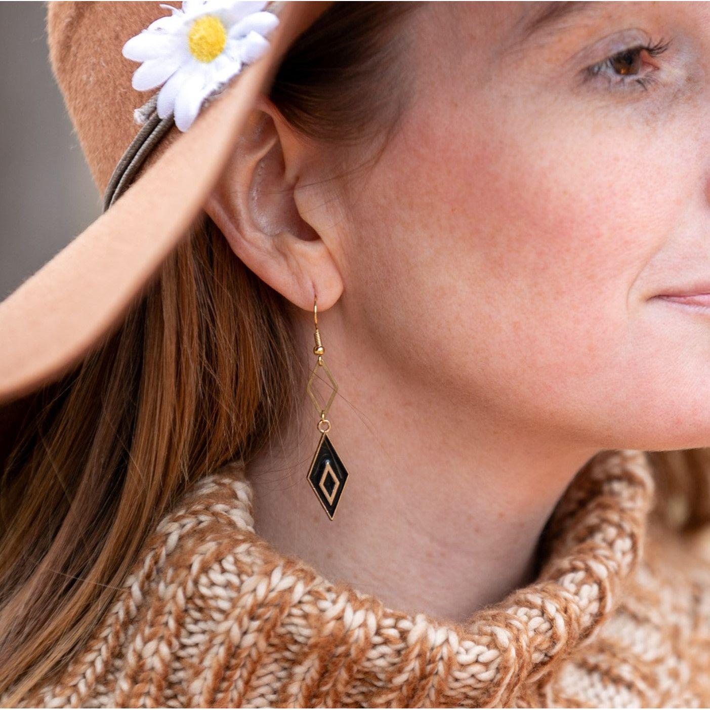 Black and Gold Double Diamond Earrings