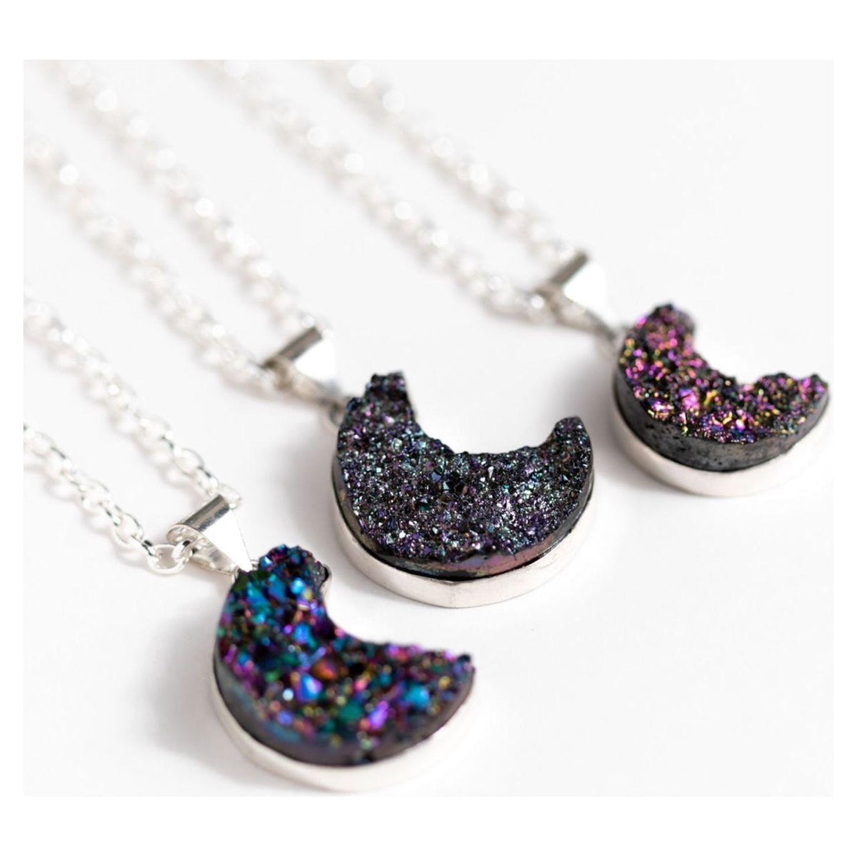 Mystic Rainbow Druzy Crescent Moon Necklace