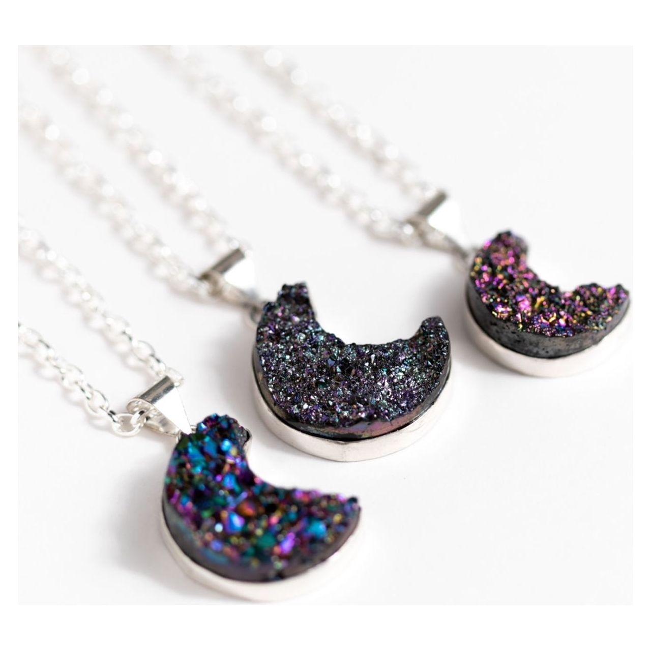 Mystic Rainbow Druzy Crescent Moon Necklace