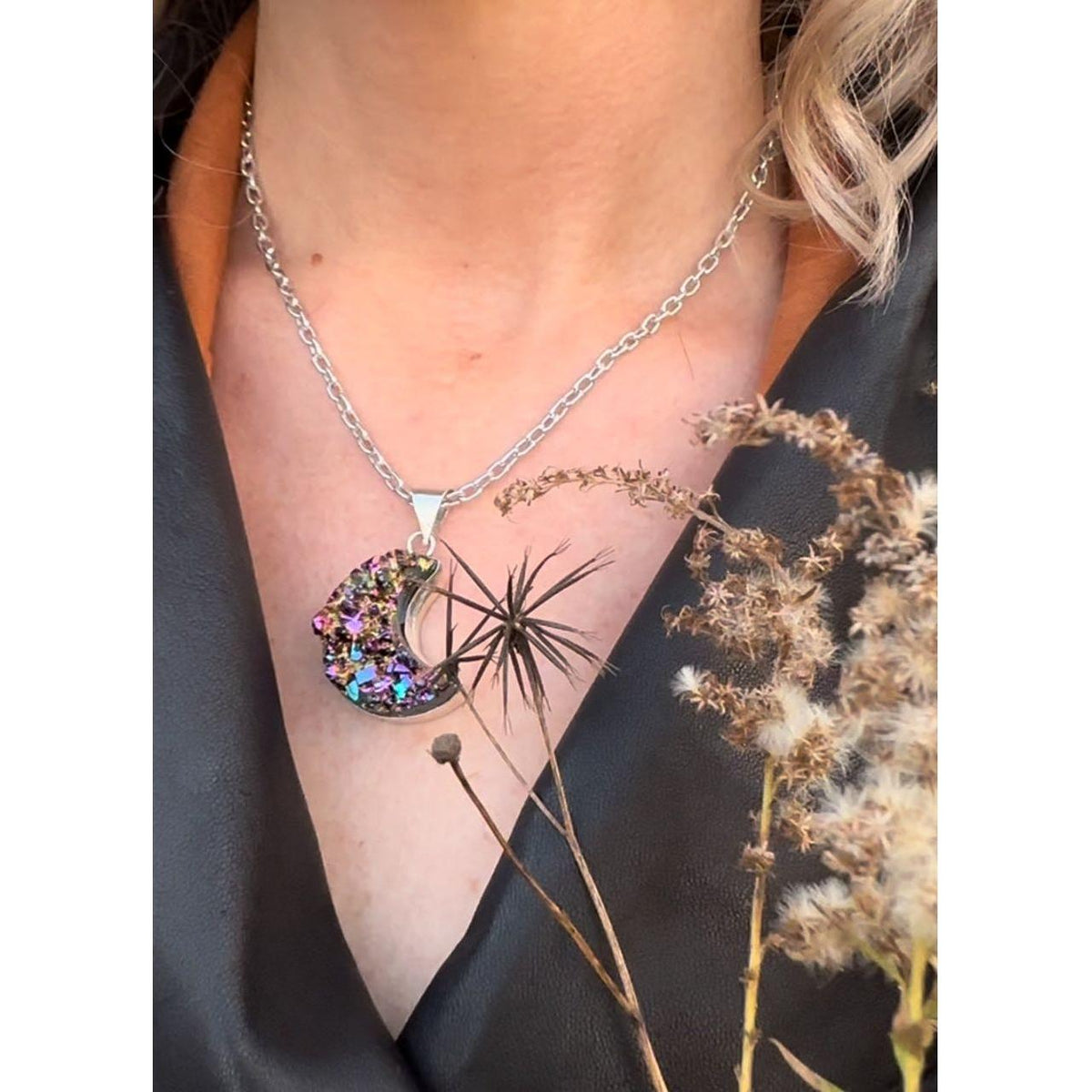 Mystic Rainbow Druzy Crescent Moon Necklace