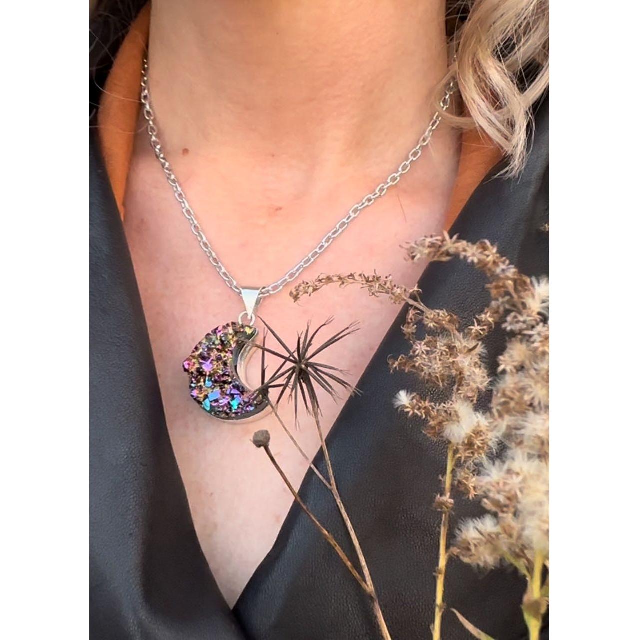 Mystic Rainbow Druzy Crescent Moon Necklace