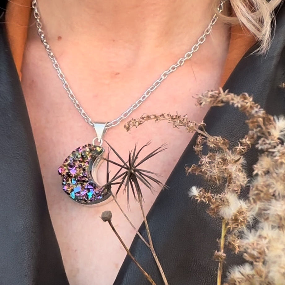 Mystic Rainbow Druzy Crescent Moon Necklace