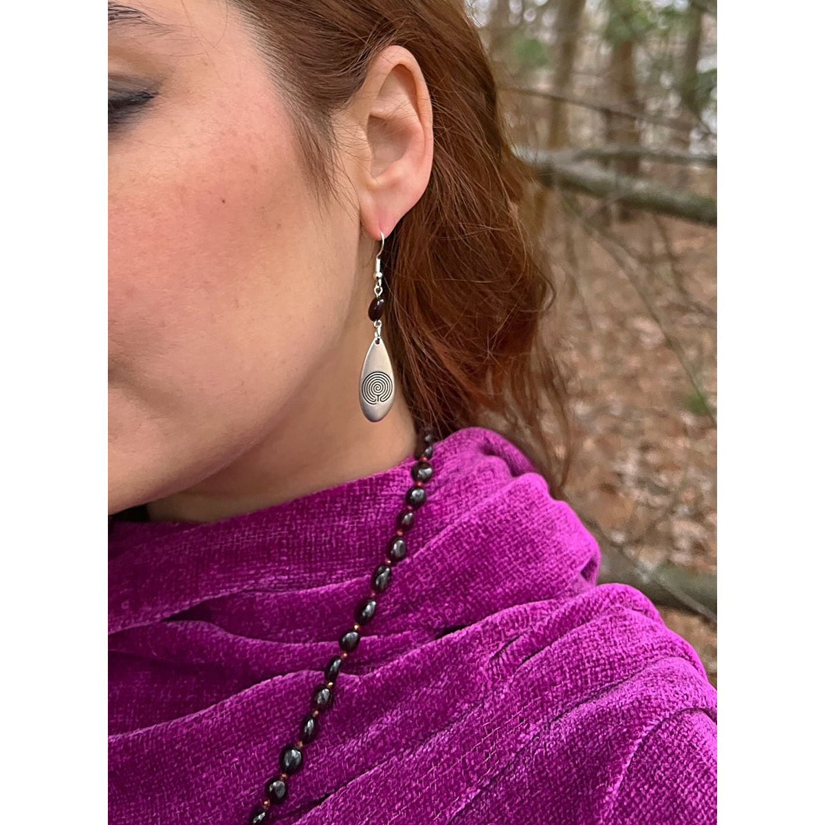 Silver Labyrinth Earrings with Garnet Stones