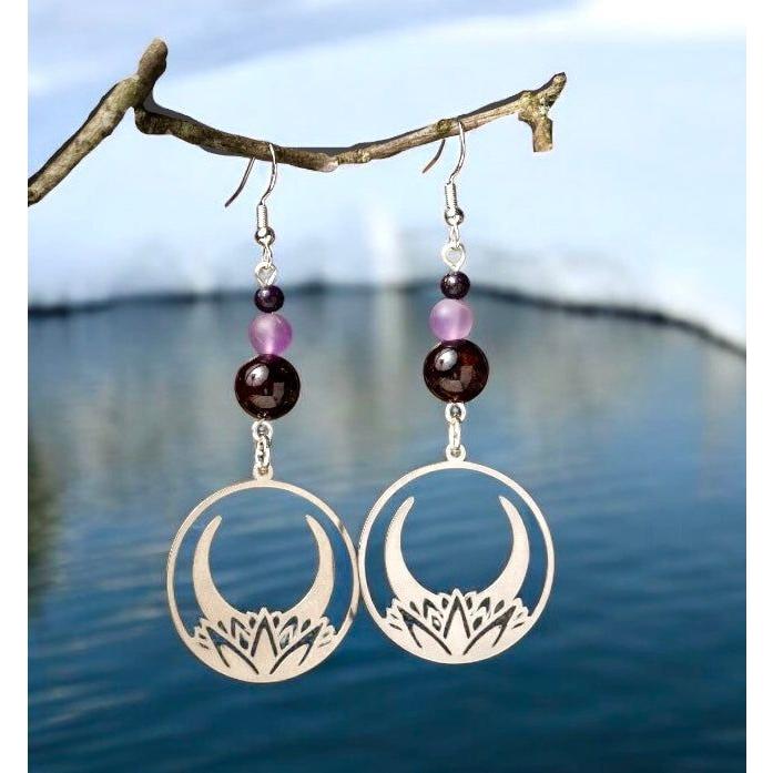 Crescent Moon Lotus Earrings with Garnet & Amethyst – Celestial-Inspired Jewelry by Kinley Jewelry