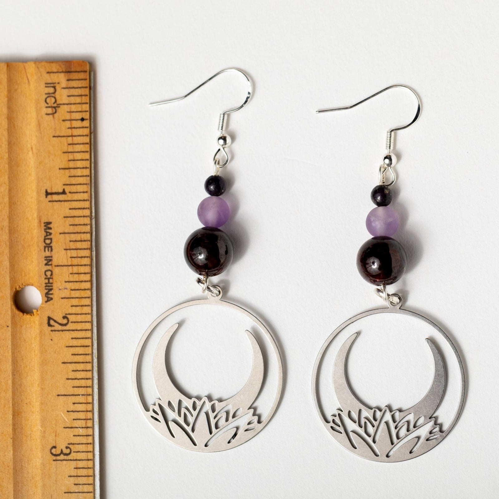 Crescent Moon Lotus Earrings with Garnet & Amethyst
