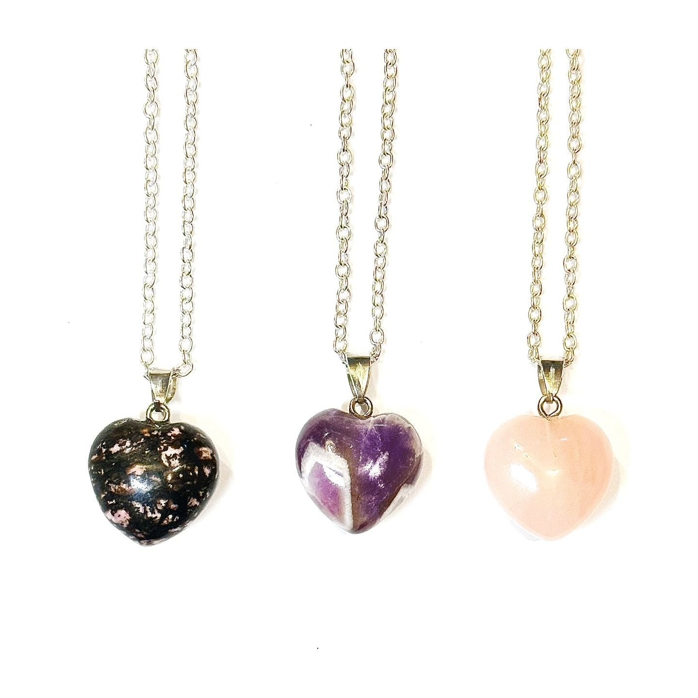 Gemstone Heart Necklaces by Kinley Jewelry in Rose Quartz, Rhodonite and Dream Amethyst.
