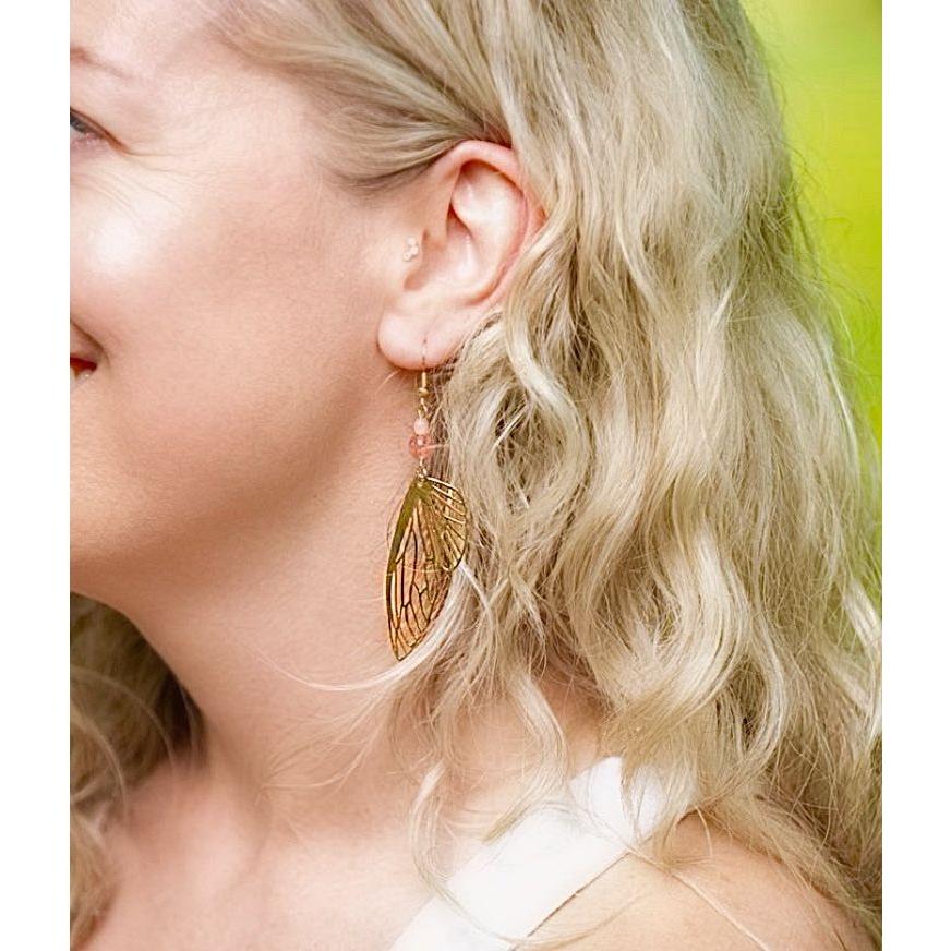 Gold Butterfly Wing Earrings with Strawberry Quartz