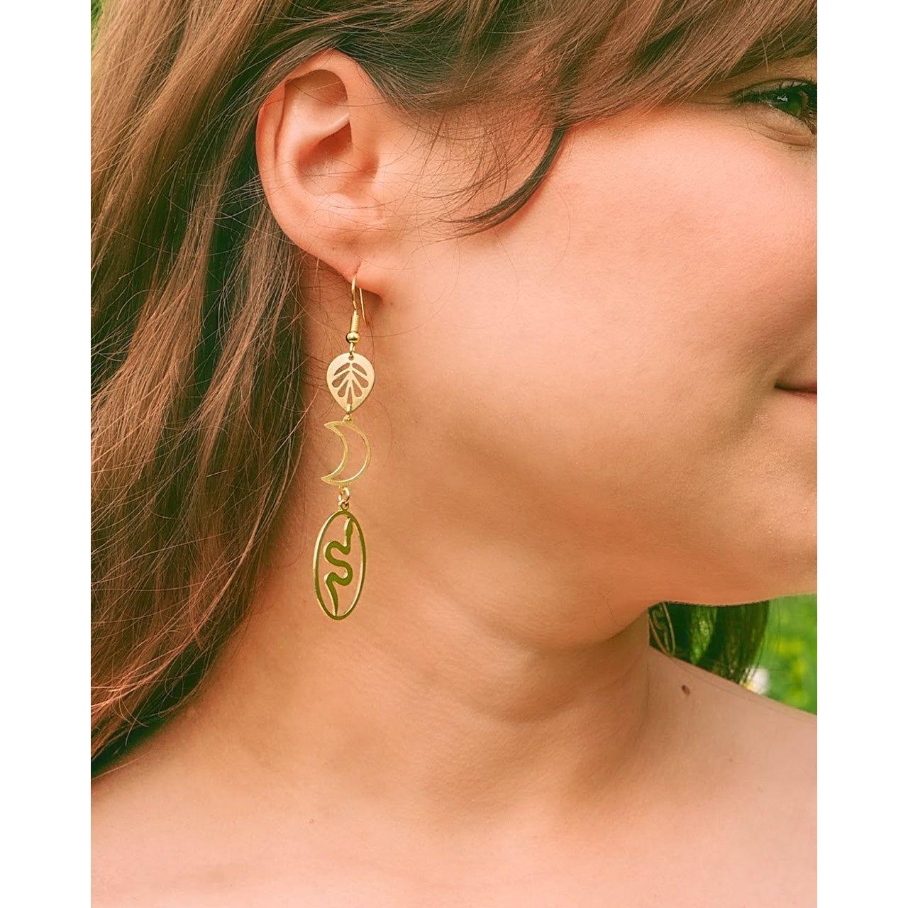Snake Moon Leaf Nature Totem Earrings