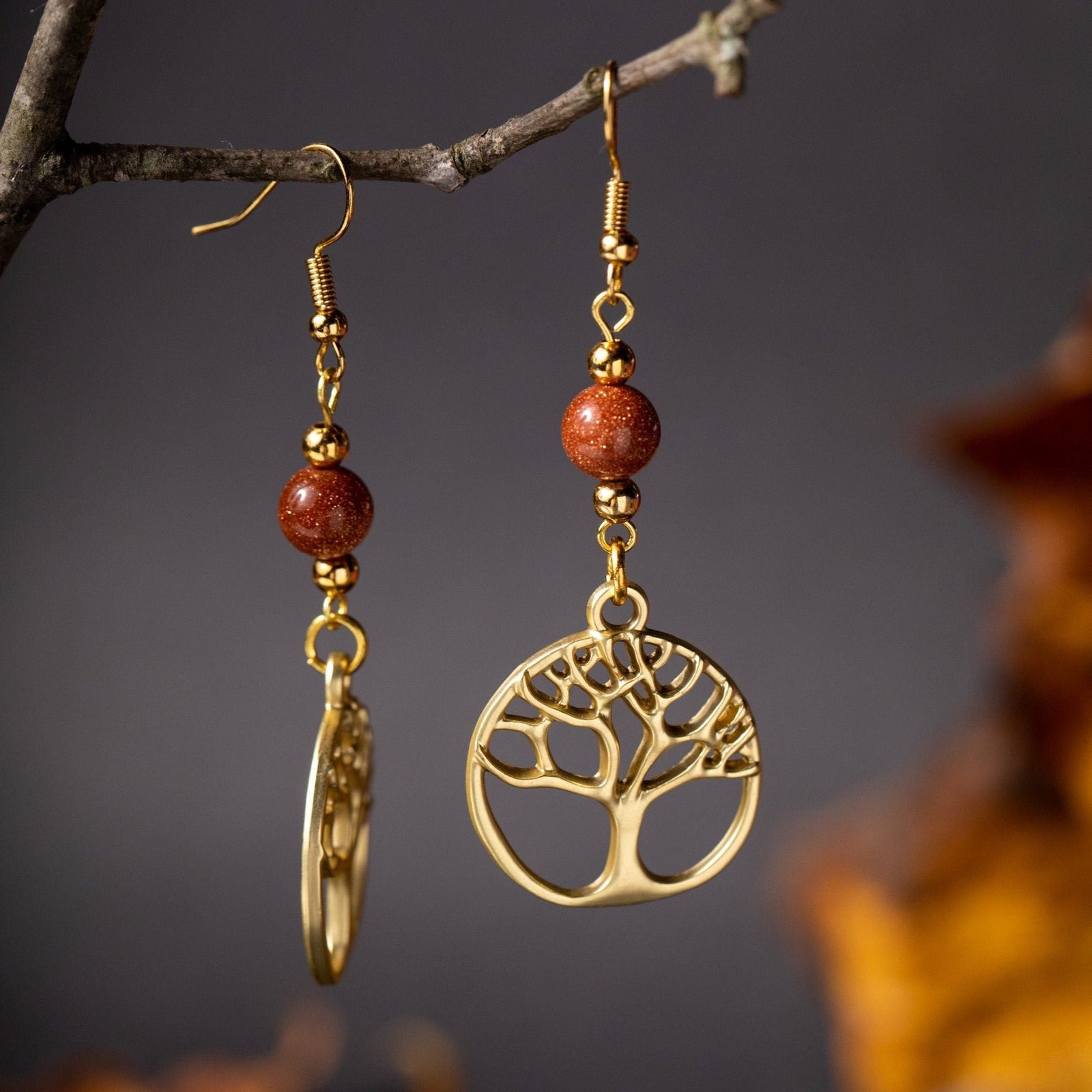 Golden Tree of Life Earrings with Sparkly Goldstone