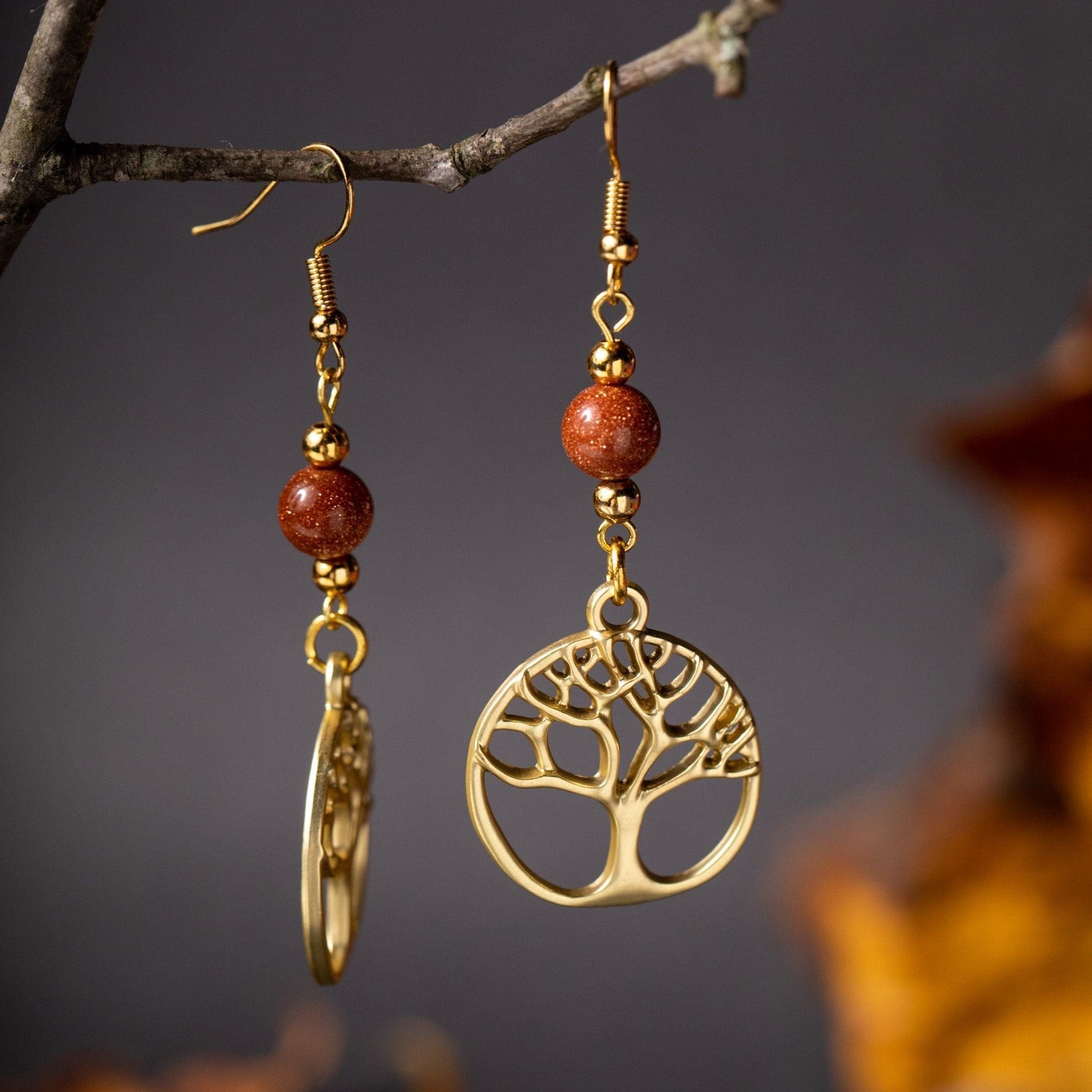 Golden Tree of Life Earrings with Sparkly Goldstone