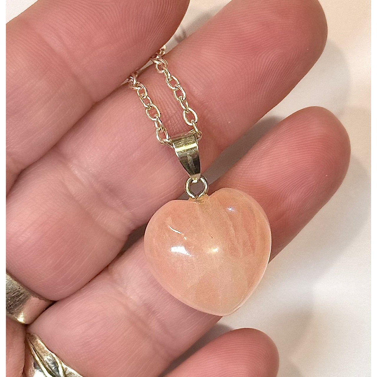 Rose Quartz Gemstone Heart Necklace on silver chain by Kinley Jewelry.