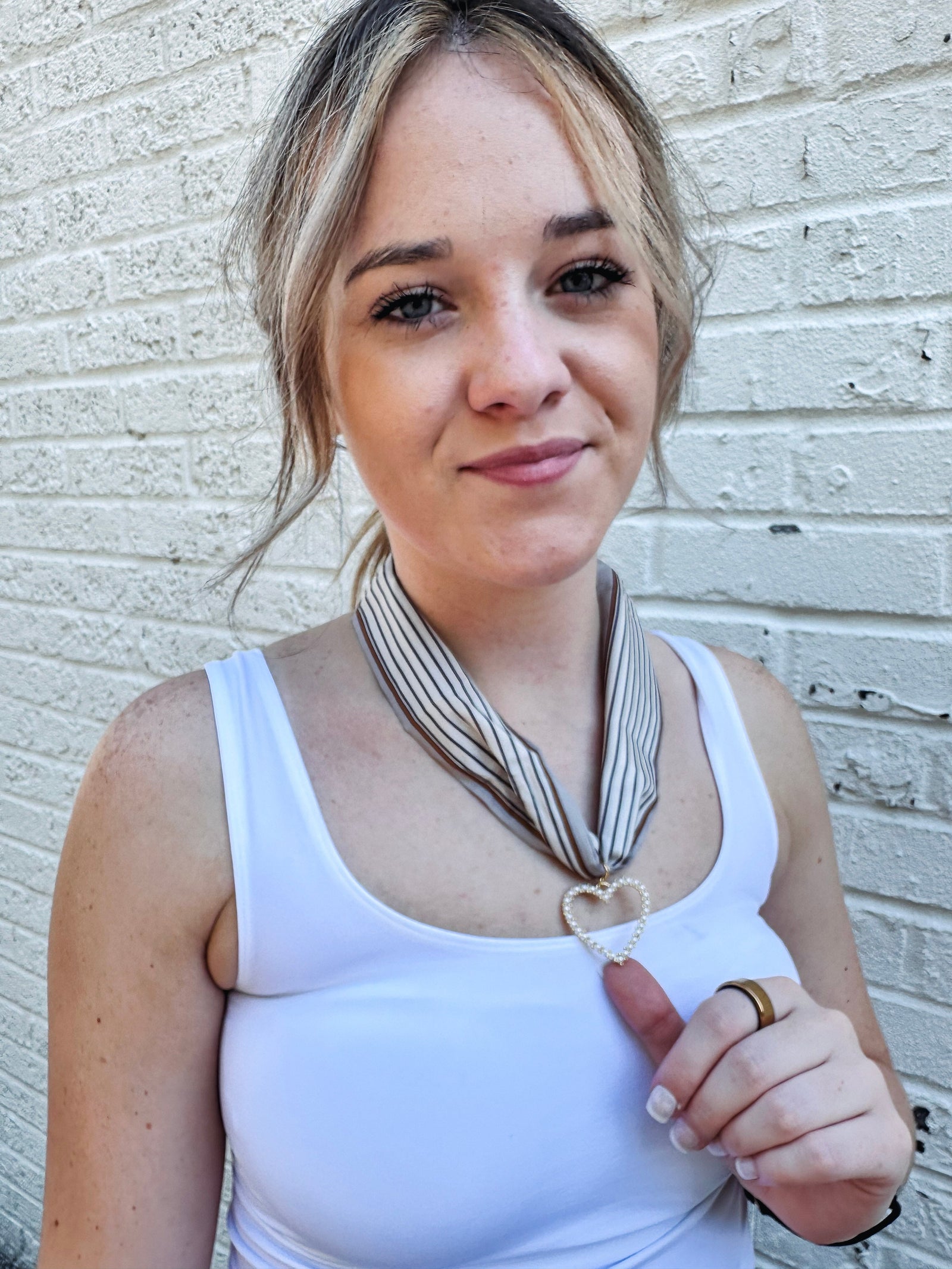 Striped Scarf Necklace with Pearl Heart Charm