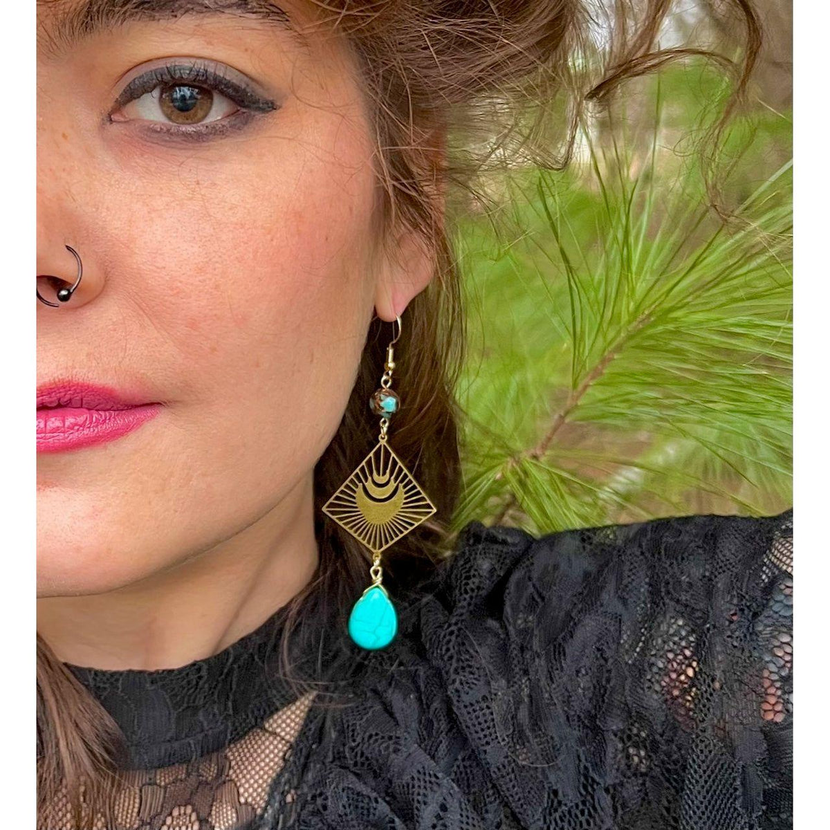Gold and Turquoise Moon Burst Boho Dangles