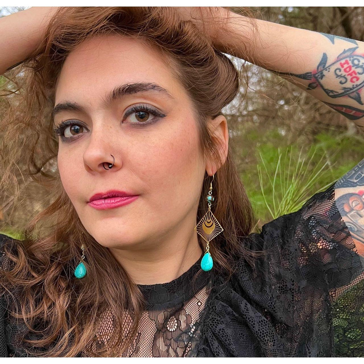 Gold and Turquoise Moon Burst Boho Dangles