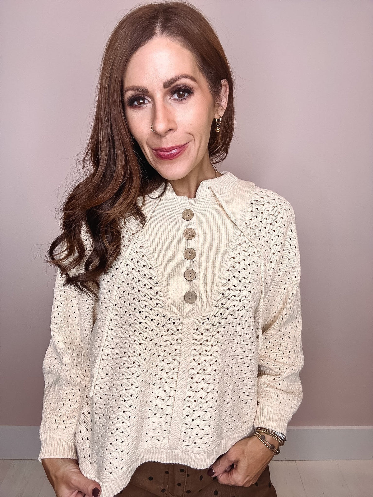 Sweetest Glow Pointelle Henley Knit Pullover