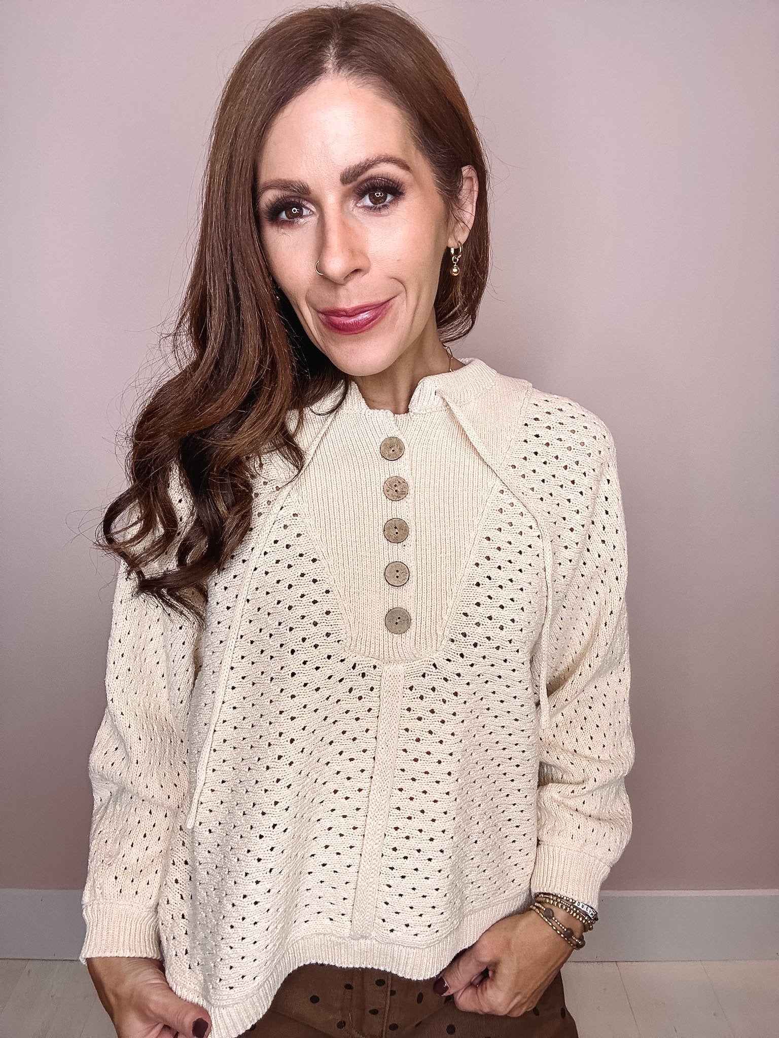 Sweetest Glow Pointelle Henley Knit Pullover