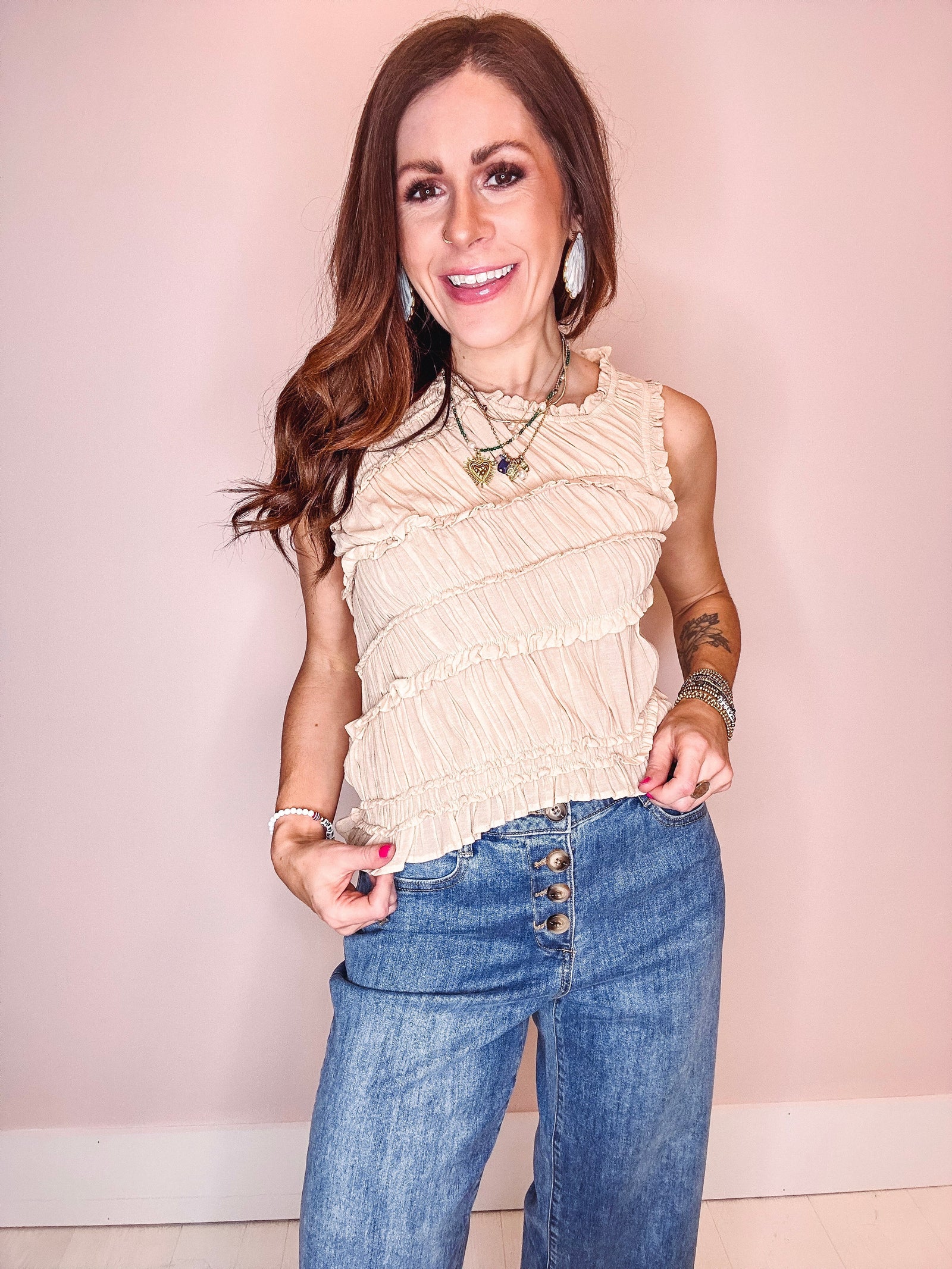 Free People Pink Sands Smocked Top- Pink Sand