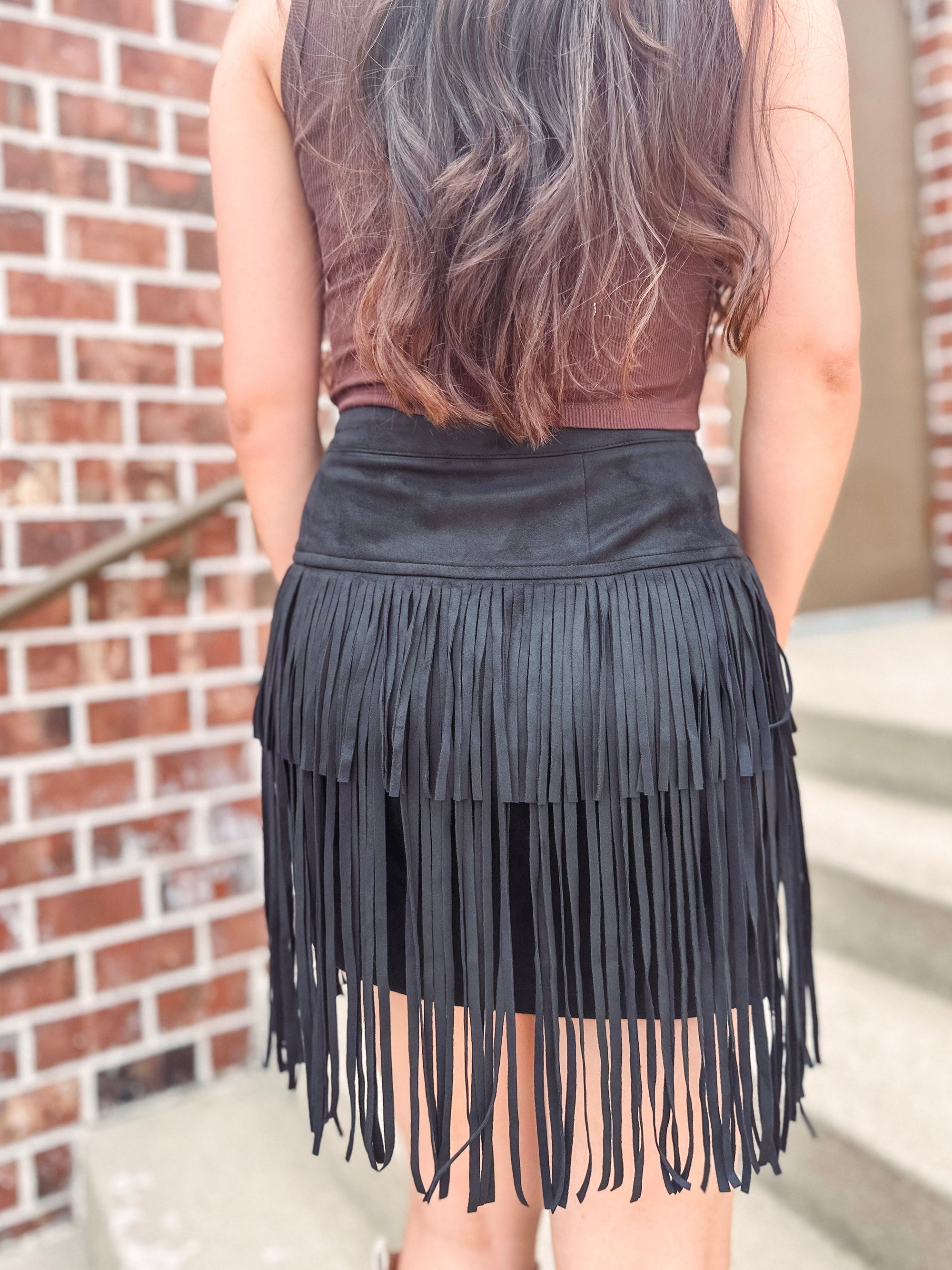 Boot Scootin' Tiered Fringe Mini Skirt-- Black