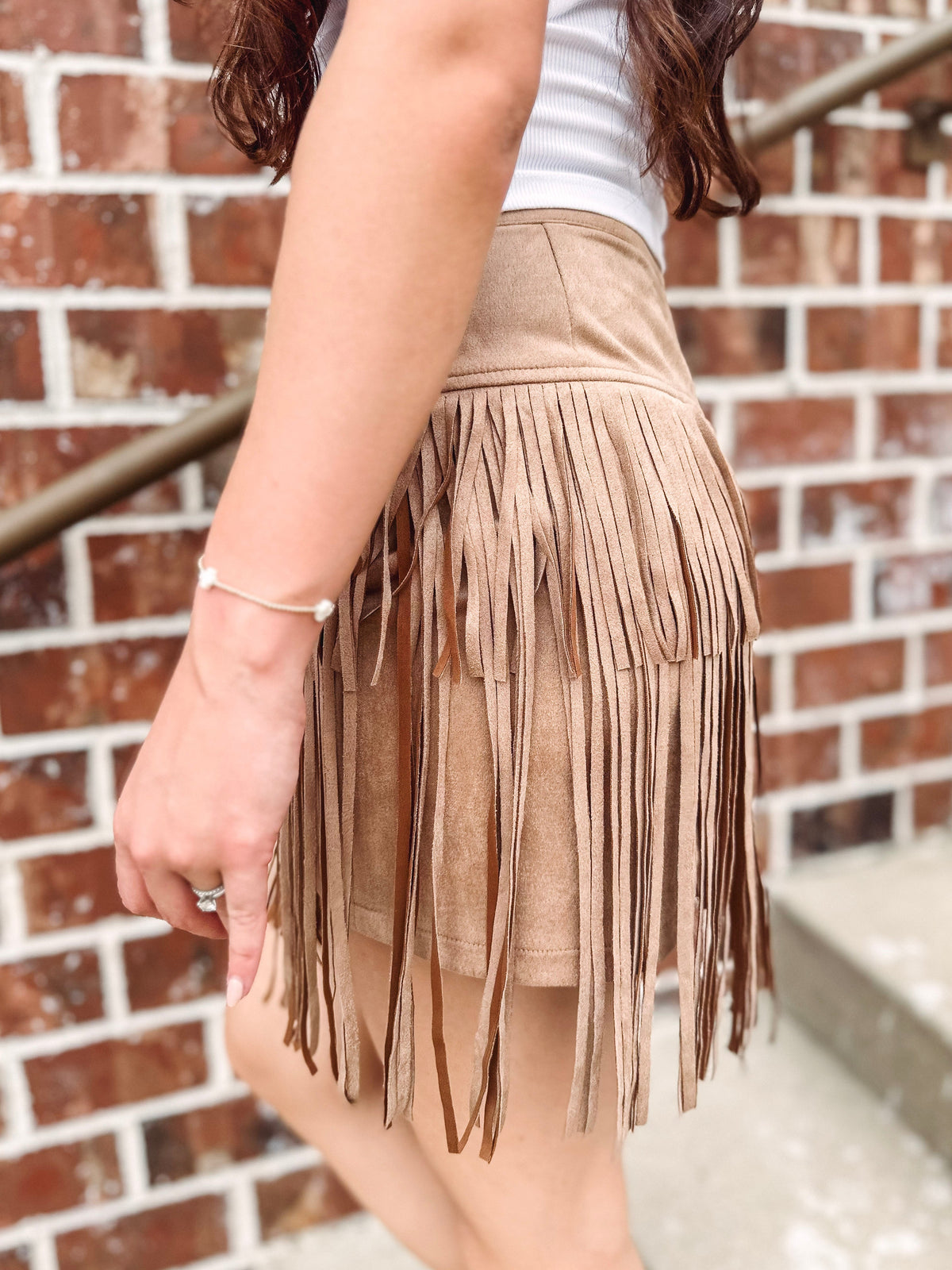 Boot Scootin' Tiered Fringe Mini Skirt-- Tan