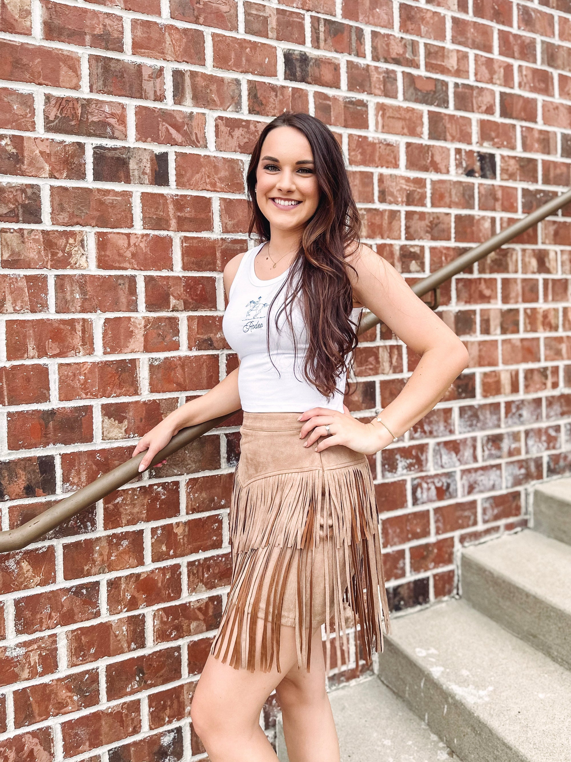 Boot Scootin' Tiered Fringe Mini Skirt-- Tan