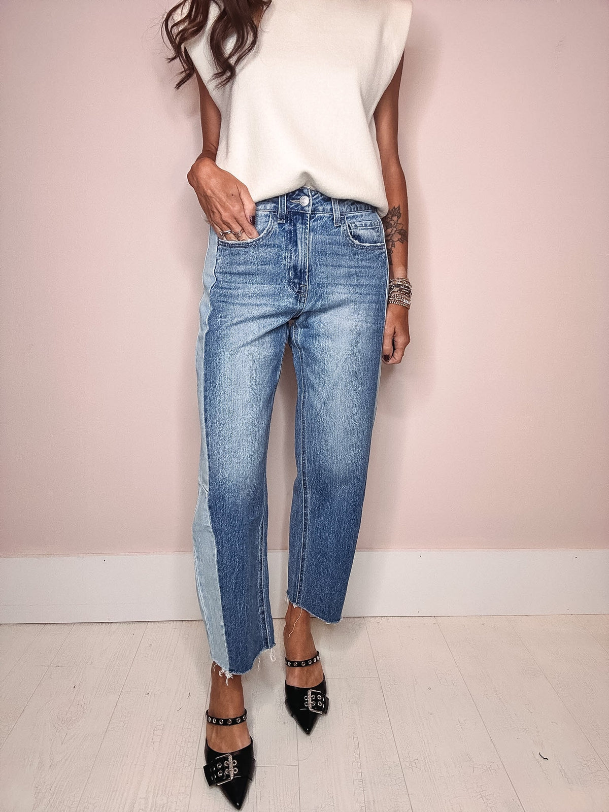 Blue Memoir High Rise Two Tone Barrel Jeans