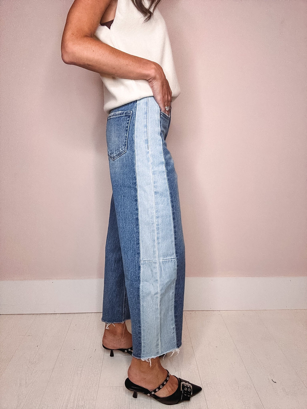 Blue Memoir High Rise Two Tone Barrel Jeans
