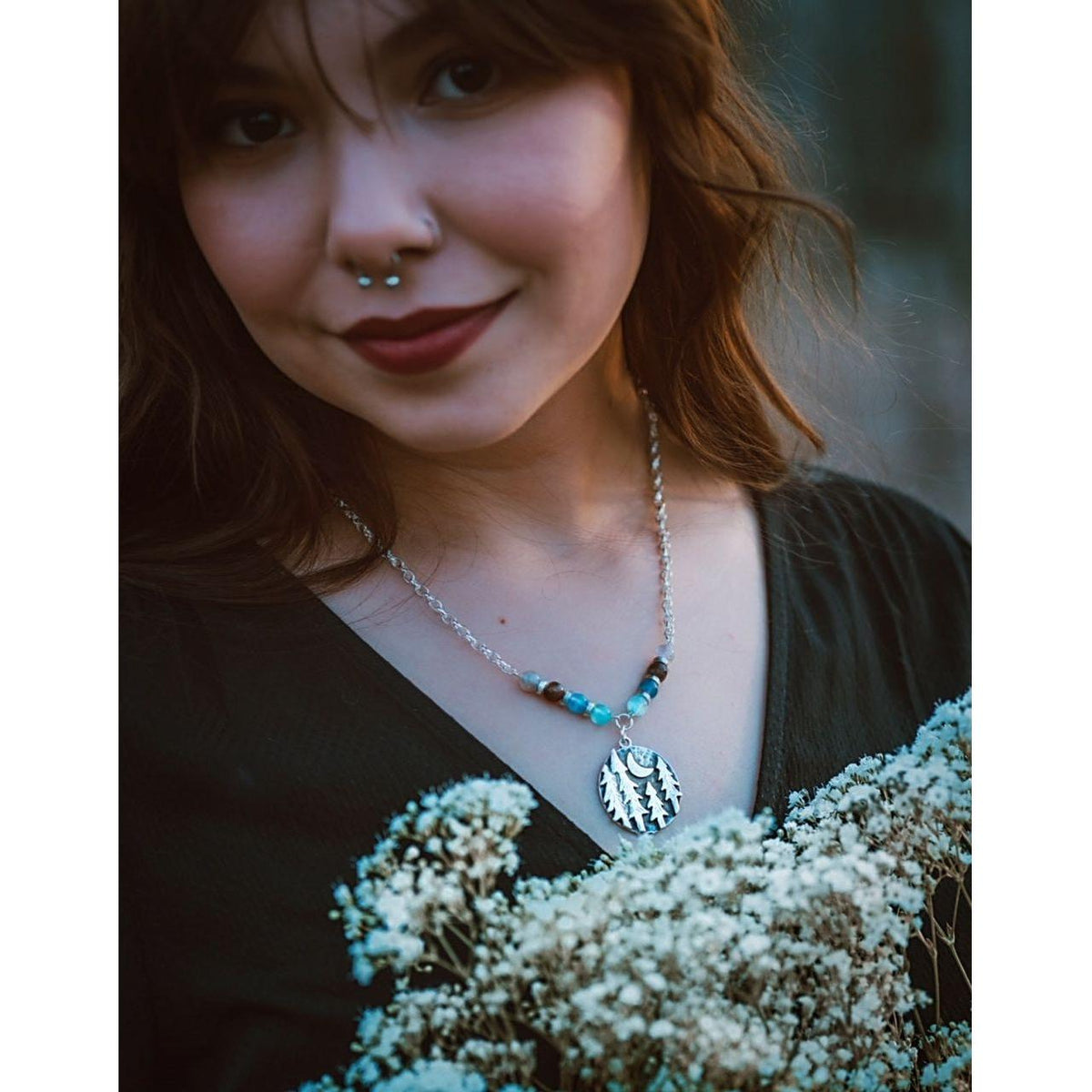 Moonlit Forest Necklace – Handcrafted Jewelry with Icy Blue Gemstones by Kinley Jewelry
