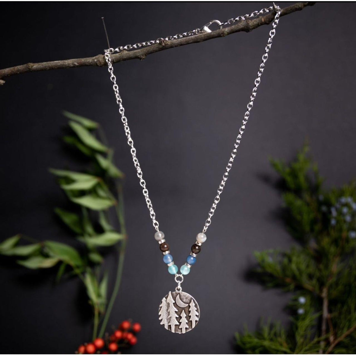 Moonlit Forest Necklace – Handcrafted Jewelry with Icy Blue Gemstones by Kinley Jewelry
