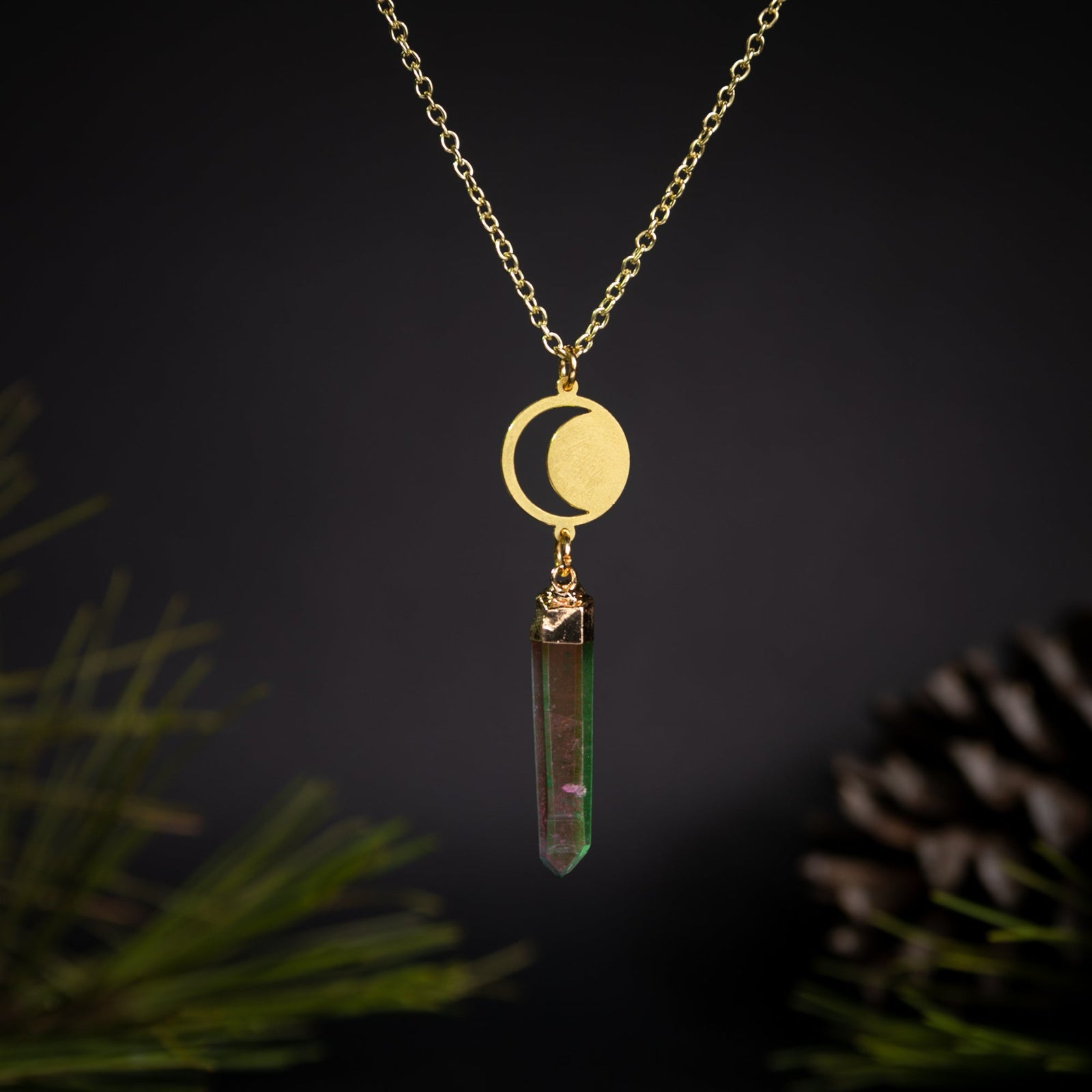 Aura Quartz Point Crescent Moon Cutout Necklace