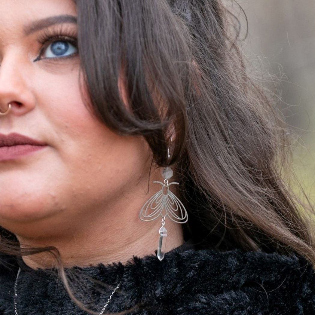 Moth and Crystal Long Earrings