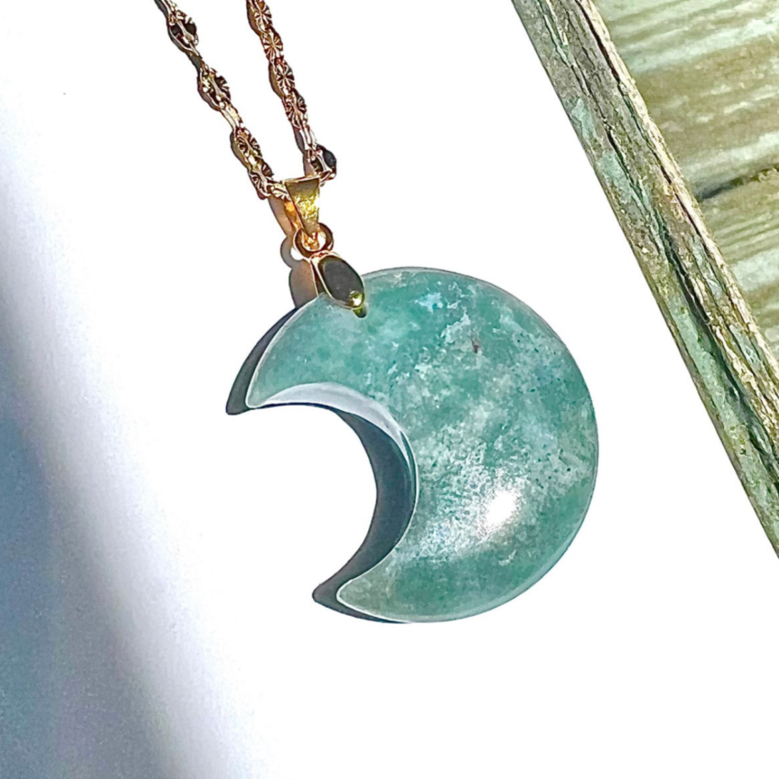 Crescent Moon Gemstone Pendant Necklace - Moss Agate