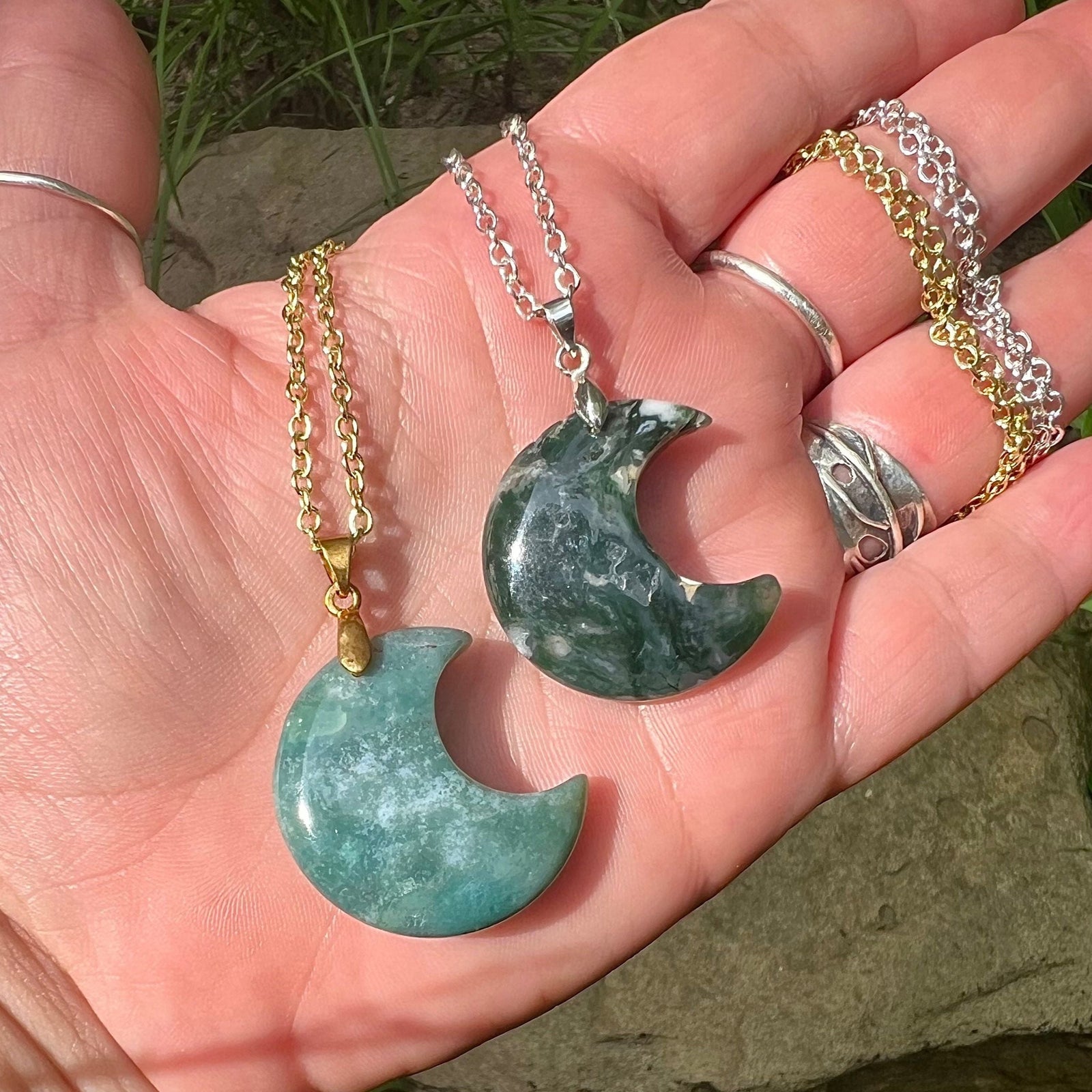 Crescent Moon Gemstone Pendant Necklace - Moss Agate
