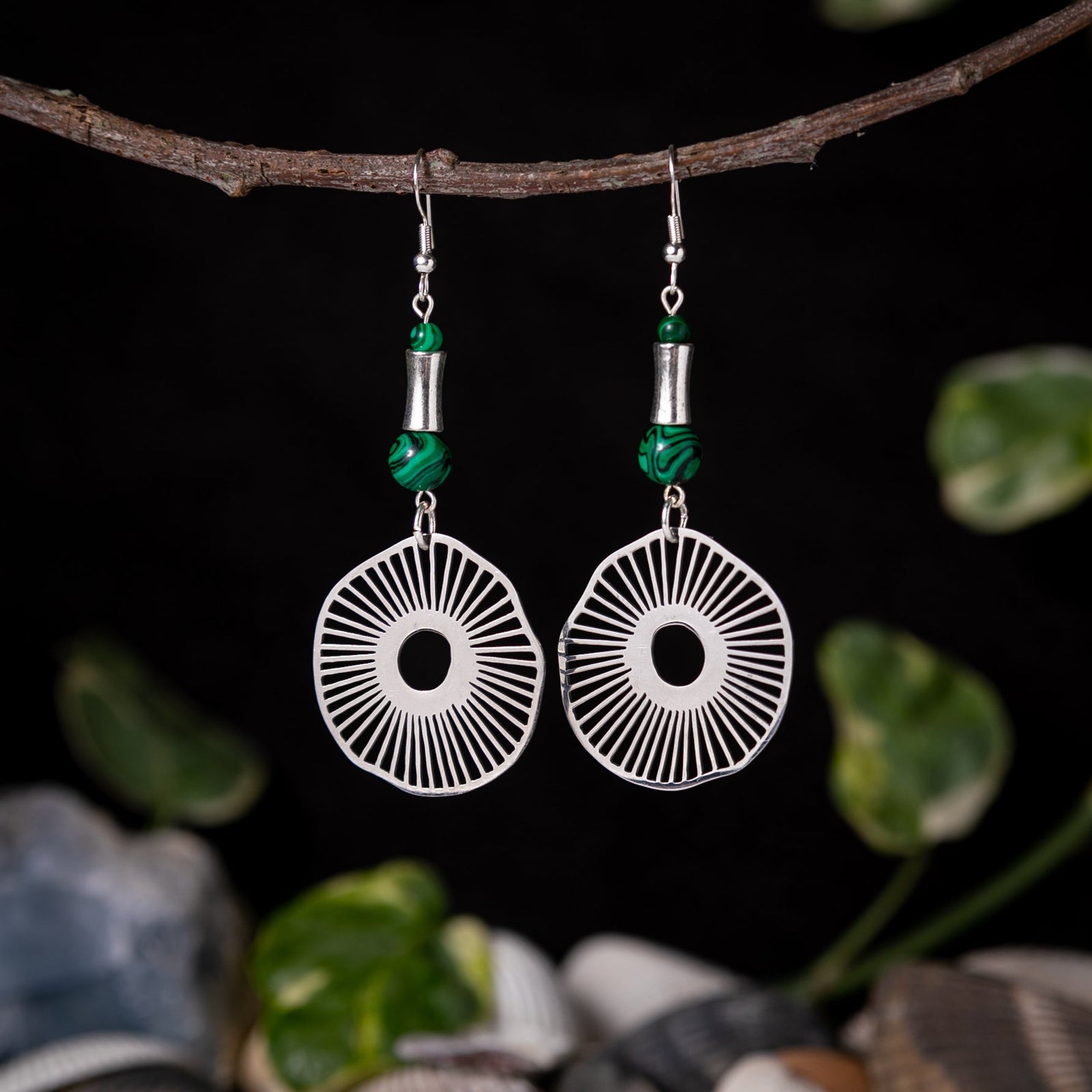 Organic Natural Pattern Earrings with Malachite