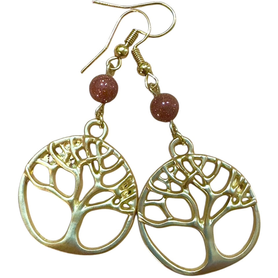Golden Tree of Life Earrings with Sparkly Goldstone