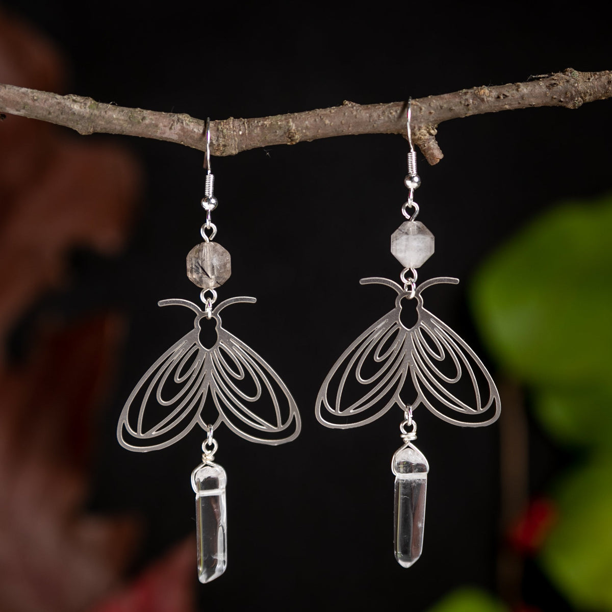 Moth and Crystal Long Earrings