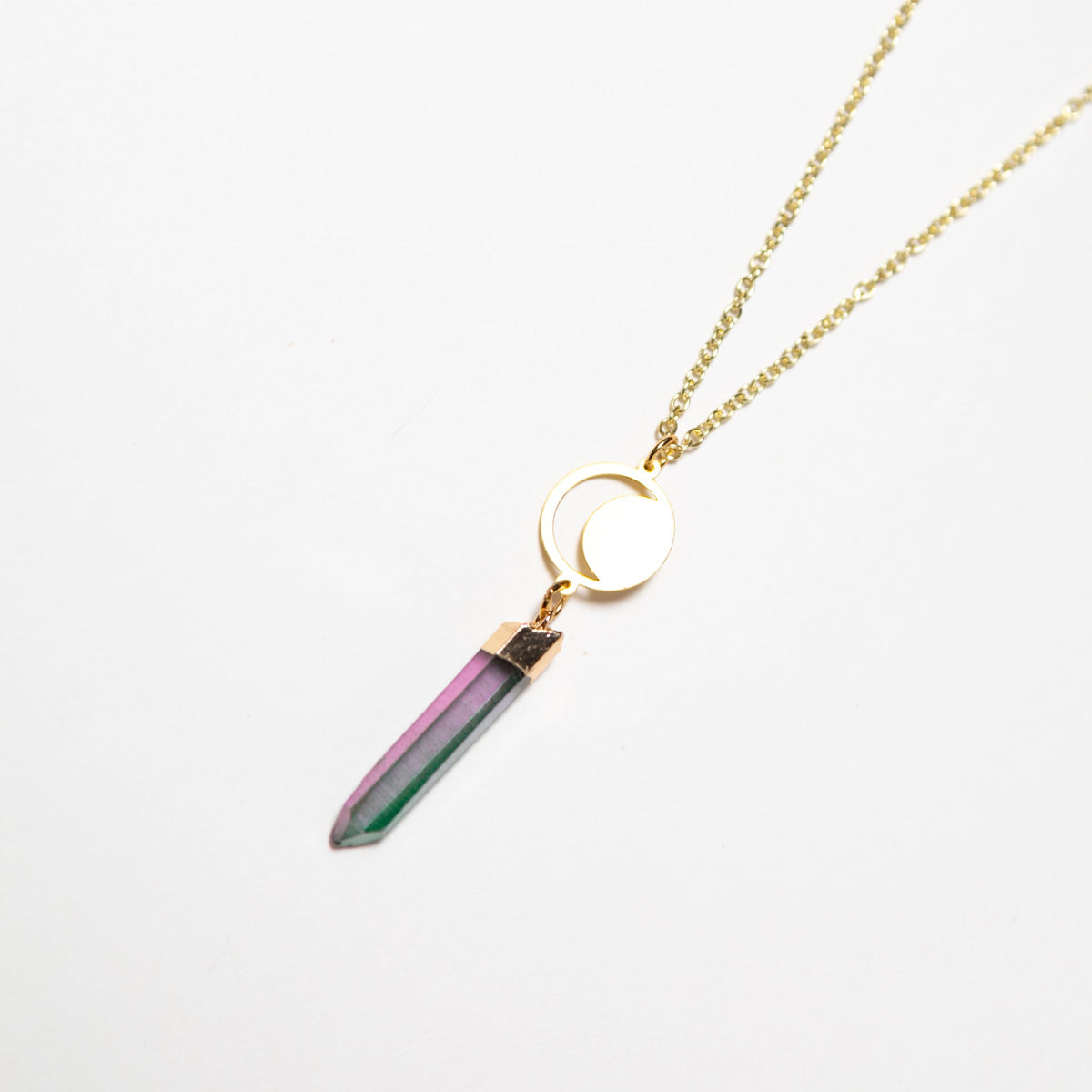 Aura Quartz Point Crescent Moon Cutout Necklace