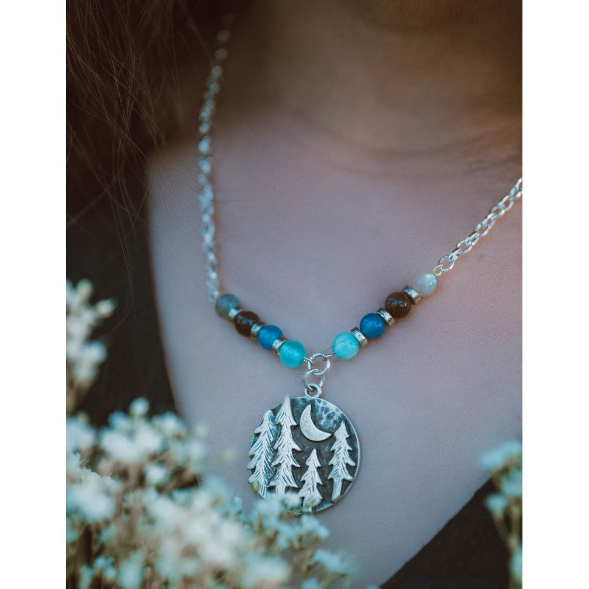 Moonlit Forest Necklace – Handcrafted Jewelry with Icy Blue Gemstones by Kinley Jewelry