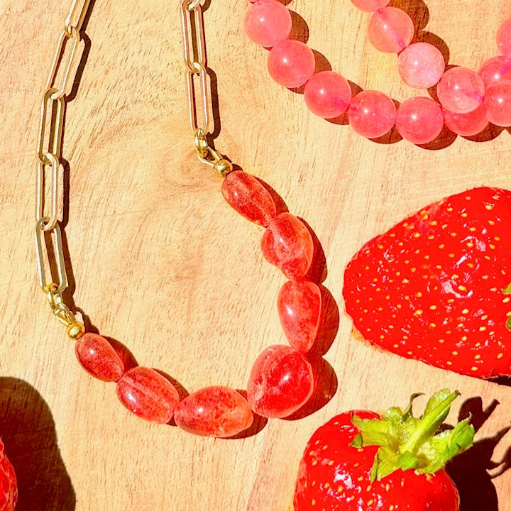 Strawberry Quartz Polished Stones Necklace