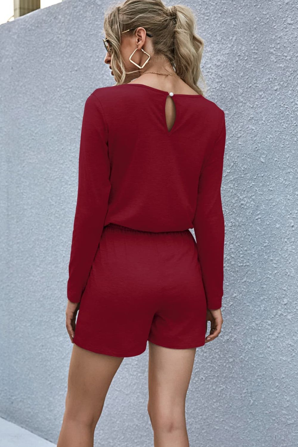 Drawstring Waist Long Sleeve Romper (Maroon)