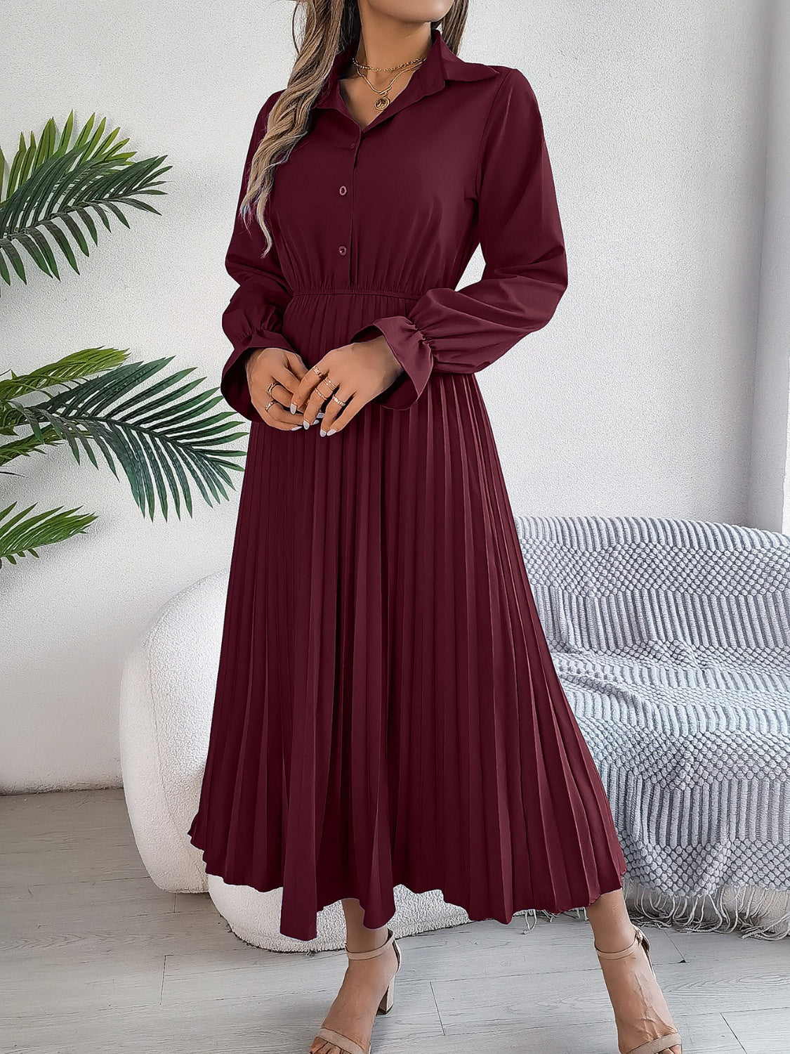 Maroon Pleated Half Button Long Sleeve Midi Dress – Effortlessly Elegant ✨