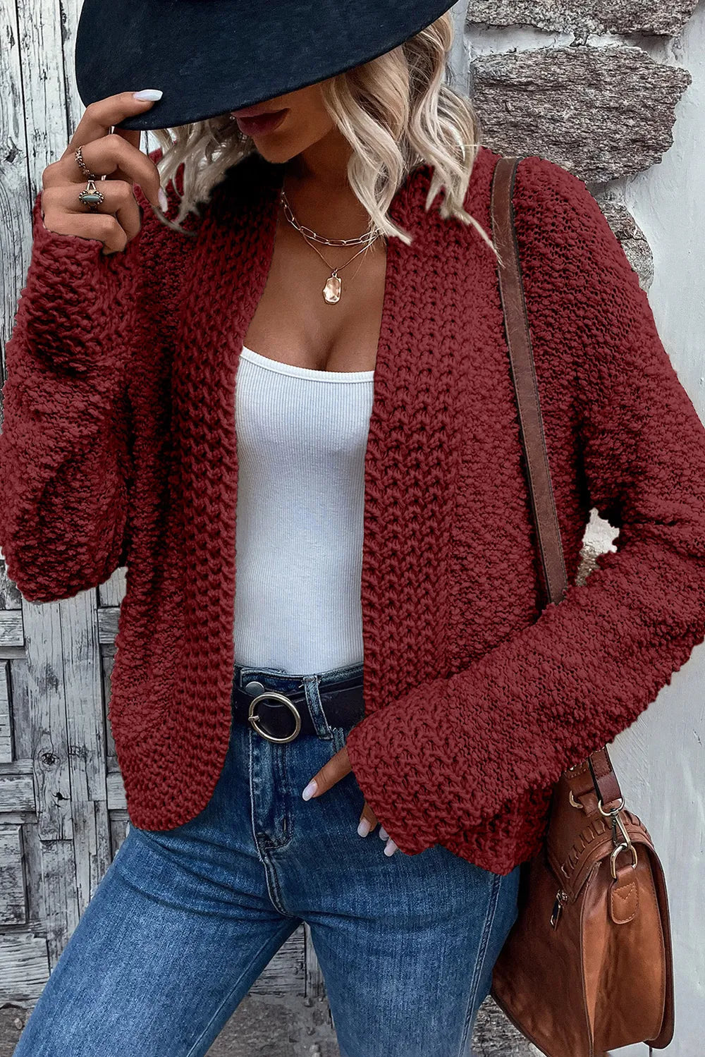 Solid Color Open Front Cardigan - Maroon or Cream