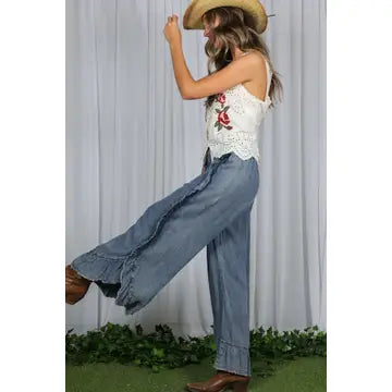 Flared Ruffle Hem Washed Chambray Crop Denim Pants