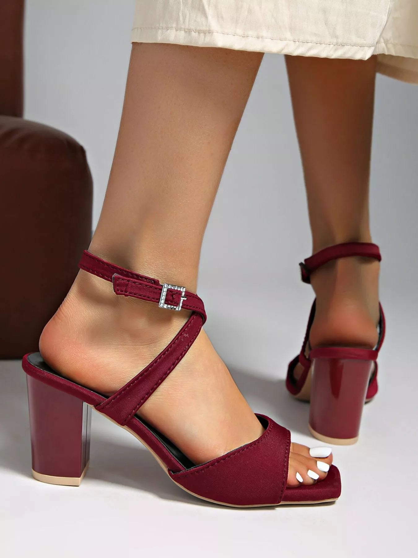 Open Toe Block Heels Sandals - Maroon or Black
