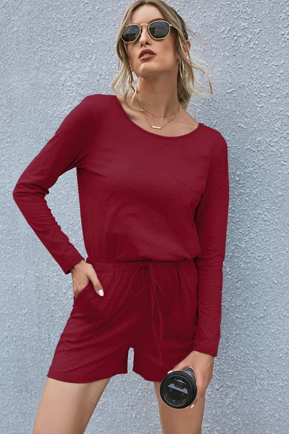Drawstring Waist Long Sleeve Romper (Maroon)