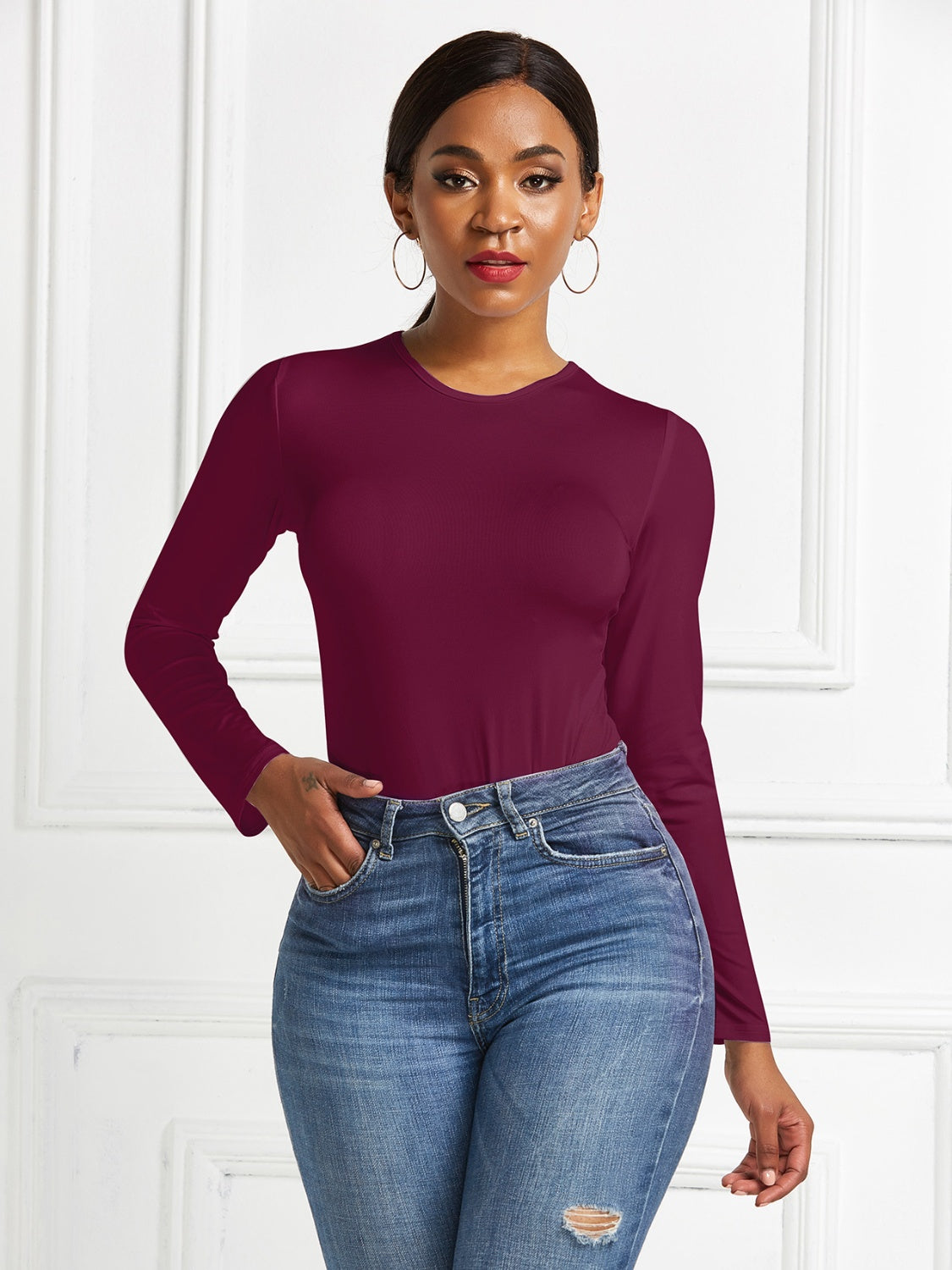 Maroon Round Neck Long Sleeve Bodysuit