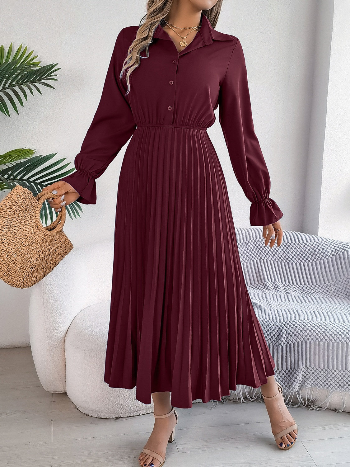 Maroon Pleated Half Button Long Sleeve Midi Dress – Effortlessly Elegant ✨