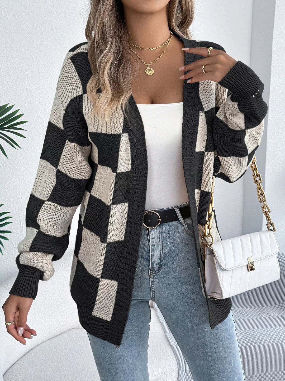 Checkered Pattern Open Front Cardigan