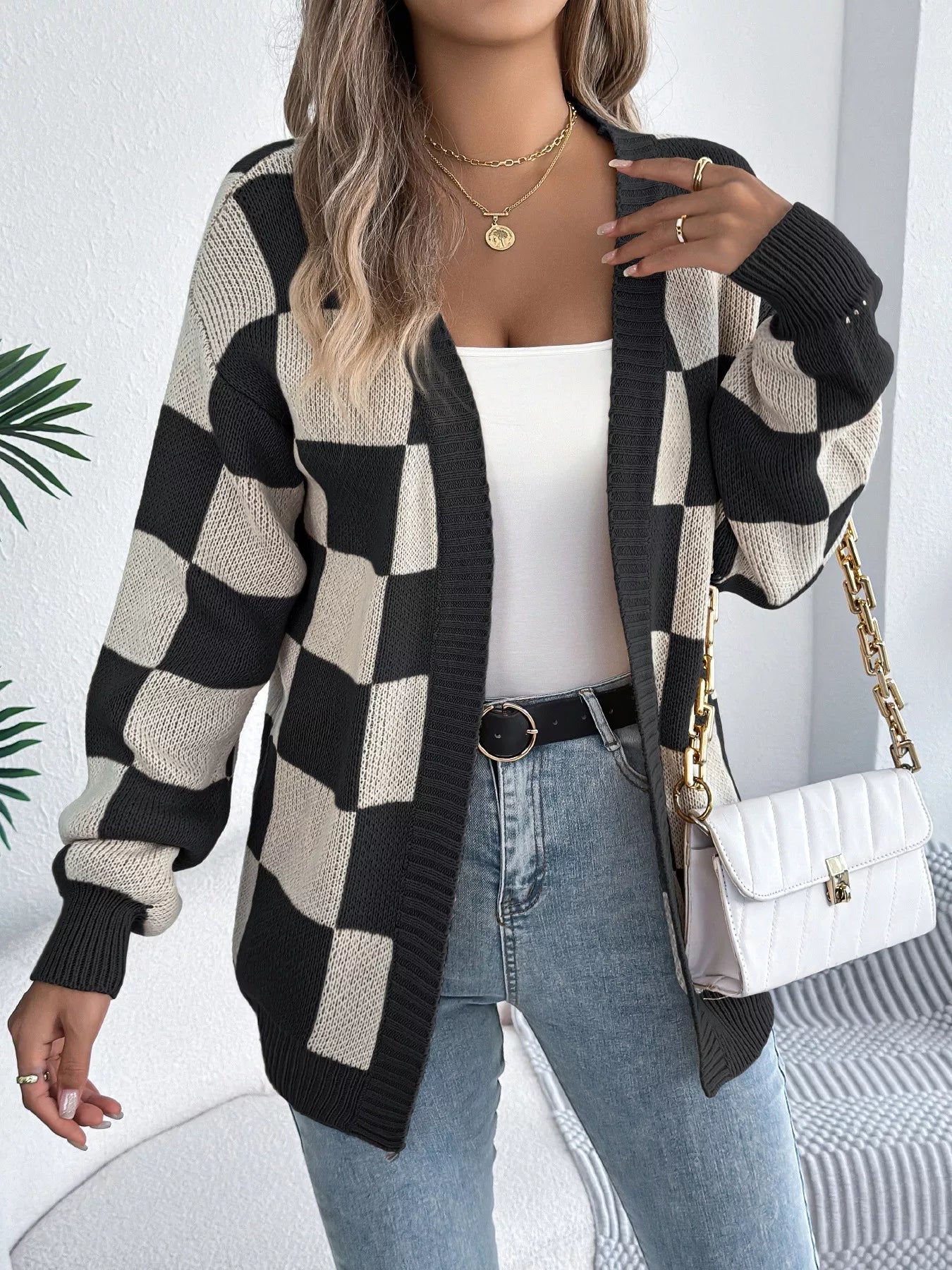 Checkered Pattern Open Front Cardigan